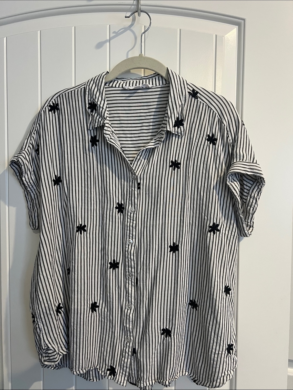 Striped Button-Front Women's Shirt with Black Embroidered flowers